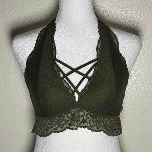 PINK Olive Military Green Lace Halter Neck Bralette